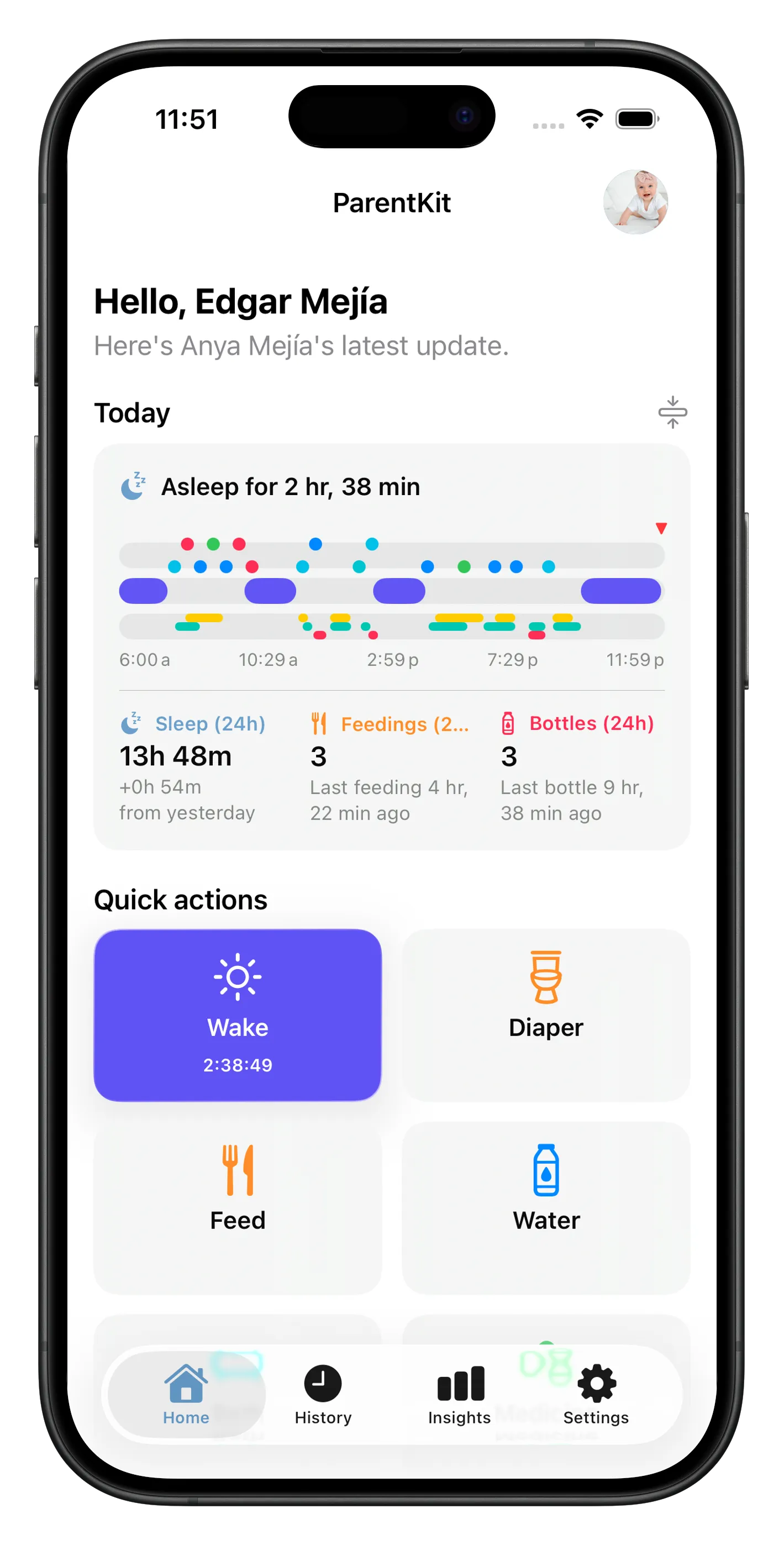 ParentKit home screen with quick actions and today's stats