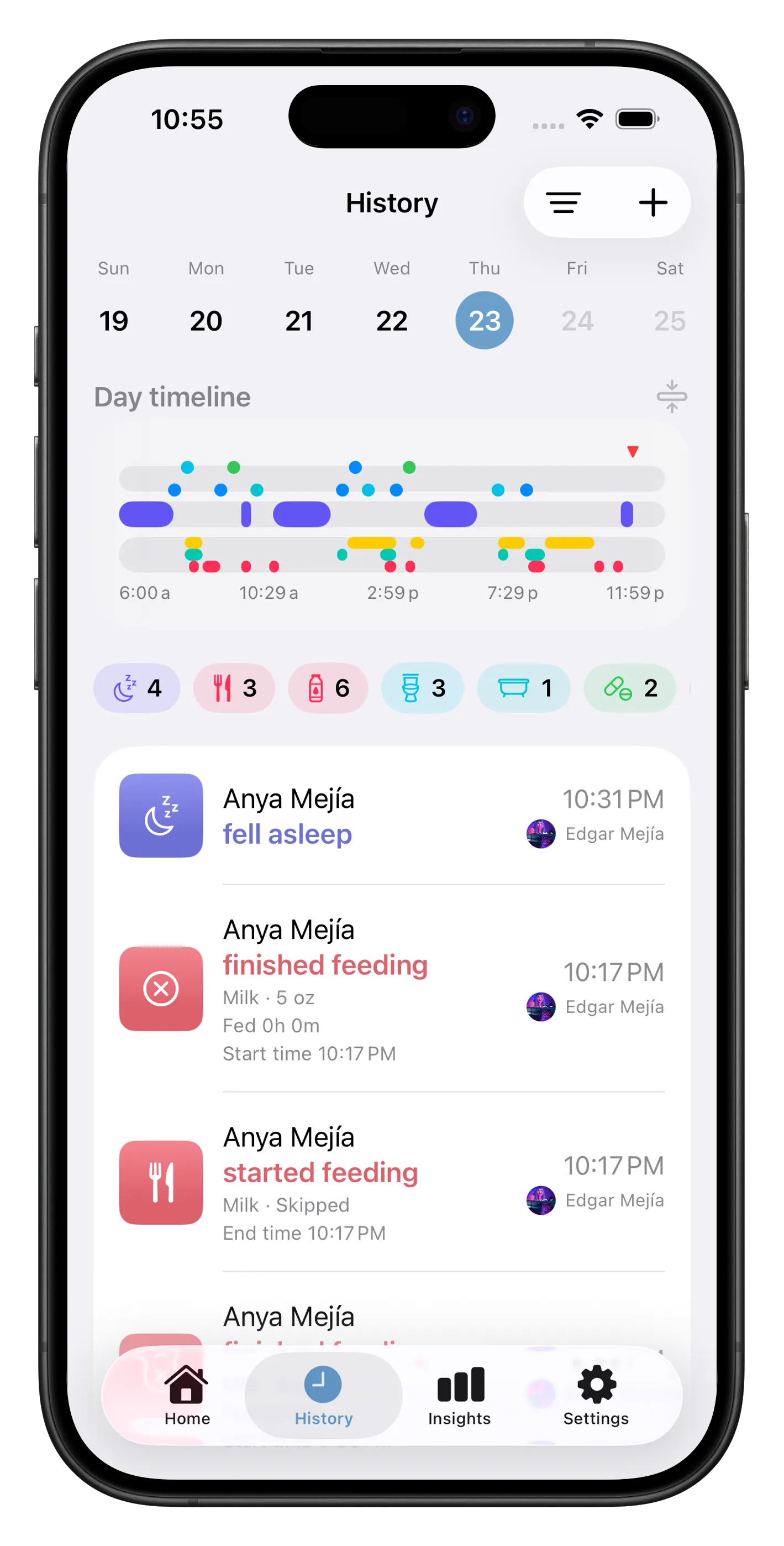 ParentKit history screen with day timeline and filters